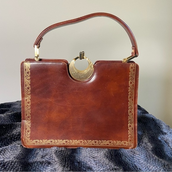 Antique Handmade Leather Purse  with High Quality Crescent Clasp Brown & Gold - Picture 3 of 7